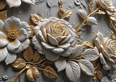 Elegant White and Gold Floral Relief