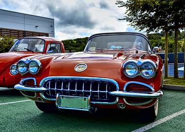 Classic Orange Cars in Outdoor Setting
