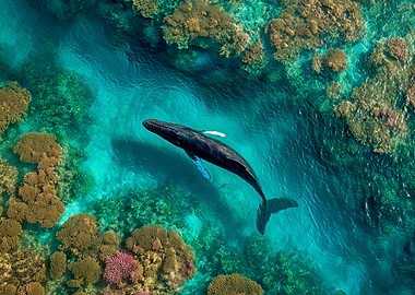 Aerial Humpback Whale Over Coral reef