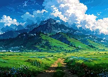 Lush Green Mountain Landscape with Cloudy Sky