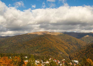 Autumn Mountain Landscape with Village