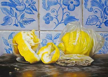 Lemon Still Life with Blue Tiles
