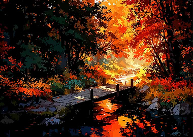 Autumn Forest Bridge over Stream