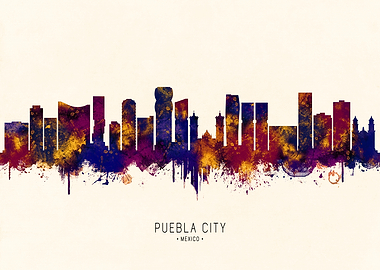 Puebla City Skyline Watercolor Art