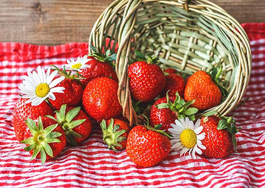 Strawberries in a basket with daisies
