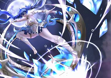 Anime Girl with Blue Hair and Moon