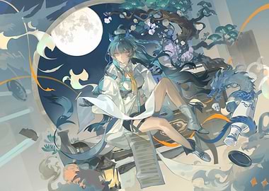 Anime Girl with Dragon and Moon