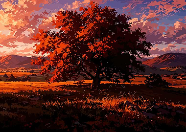 Autumn Tree Landscape at Sunset