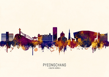 Pyeongchang South Korea Skyline Watercolor Art