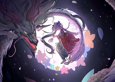 Anime Girl with Dragon and Flowers