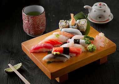 Sushi Platter with Green Tea