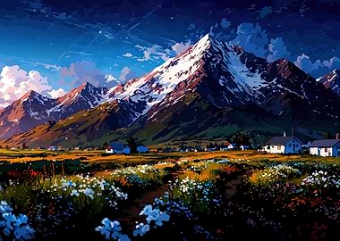 Mountain Village Landscape Digital Art