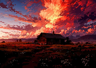 Cabin at Sunset with Fiery Sky