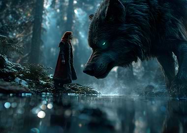 Woman and Giant Wolf in Forest