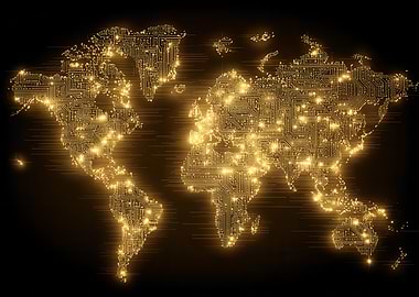 World Map Circuit Board Golden Glow