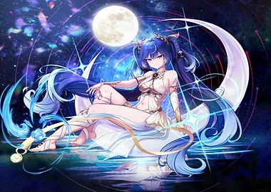 Anime Girl on Crescent Moon