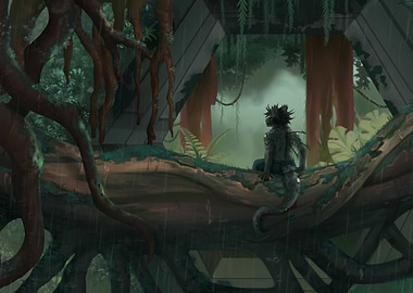 Lizard Creature in Rainy Jungle Scene