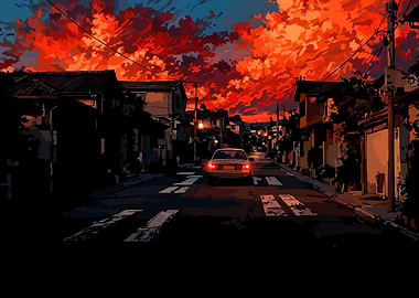 Sunset Street with Car