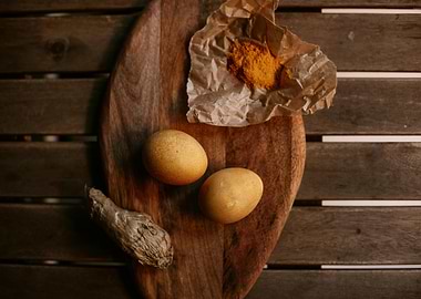 Eggs, Turmeric, and Ginger on Wood