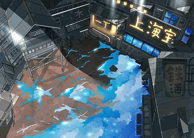 Flooded Cityscape with Asian Architecture