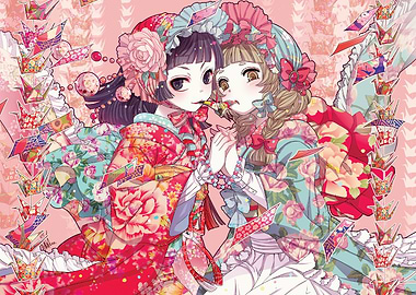 Two Girls in Kimonos with Origami Cranes