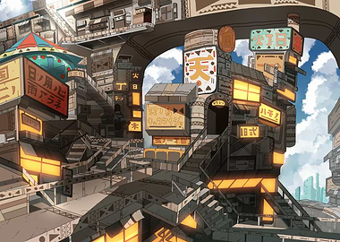 Anime Cityscape with Japanese Signs