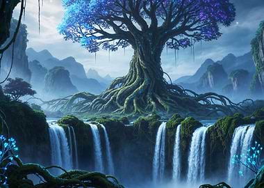 Mystical Tree and Waterfalls Landscape