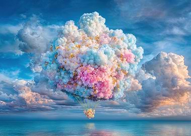Pastel Cloud Balloon Over Ocean