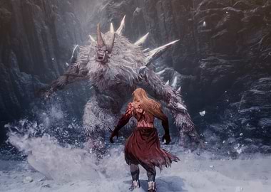 Warrior Facing a Monster in Snowy Landscape