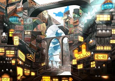 Anime Cityscape with Japanese Signs