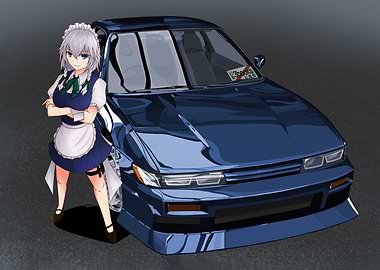 Anime Maid with Blue Car