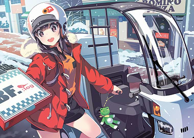 Anime Pizza Delivery Girl in Winter