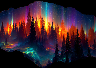 Colorful Aurora Borealis over Forest