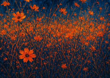 Orange Flowers on Blue Background Painting