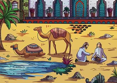 Desert Oasis with Camels and Figures