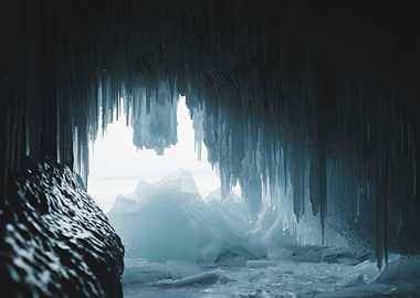 Ice Cave with Icicles and Ice Formations