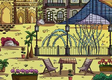 Cartoon Park Scene with Buildings