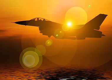 Silhouette of Fighter Jet at Sunset