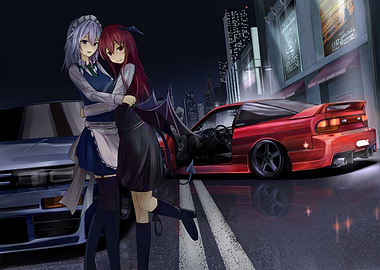 Anime girls with cars in city