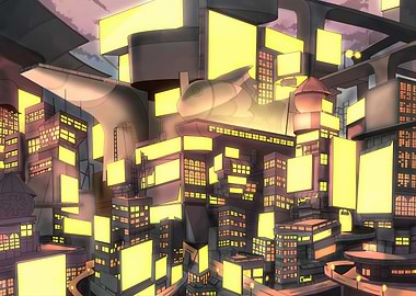 Futuristic Cityscape with Glowing Buildings