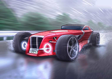 Red Futuristic Car in the Rain