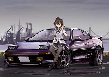 Anime Girl with Purple Sports Car