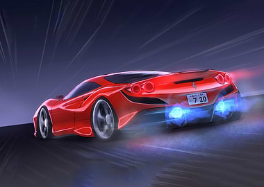 Red Ferrari Speeding with Blue Flames