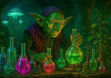 Goblin Alchemist with Glowing Potions