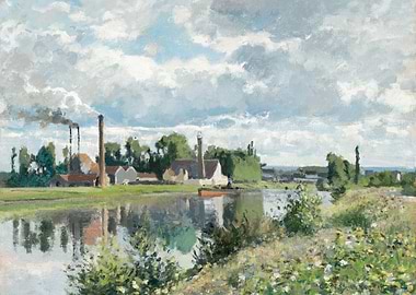 Impressionist River Landscape with Industrial Elements
