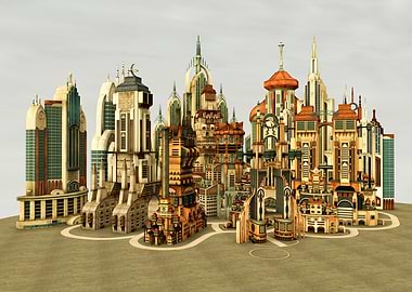 Futuristic Cityscape with Ornate Buildings