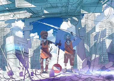 Post-Apocalyptic Anime Duo in Ruined City