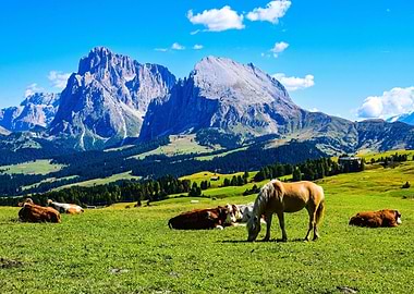 Alpine Meadow with Grazing Animals