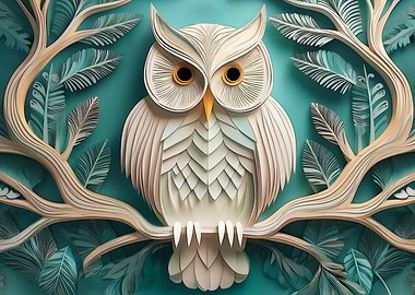 Paper-cut Owl on Branch Illustration