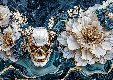 Skull and Flowers on Marble Background